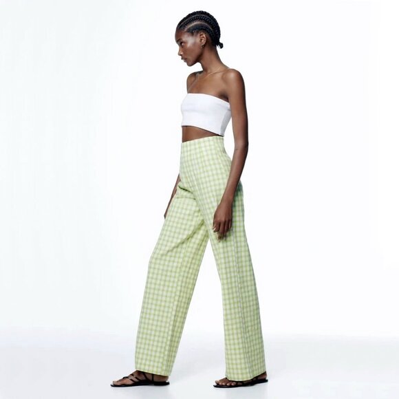 Zara Gingham Checkerboard Wide Leg Trouser Dress Pants Green White Dopamine Boho - Picture 5 of 16